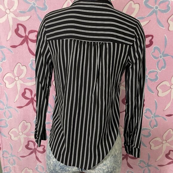 H&M divided Lace-Up Boho Nautical Shirt Blue Black Striped Size Medium 6 - Picture 4 of 9
